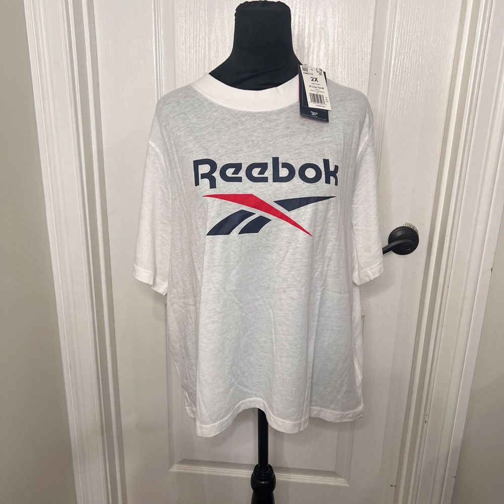 Reebok Womens Shirt 2x White Front Logo Crop Tee Training Activewear Nwt
